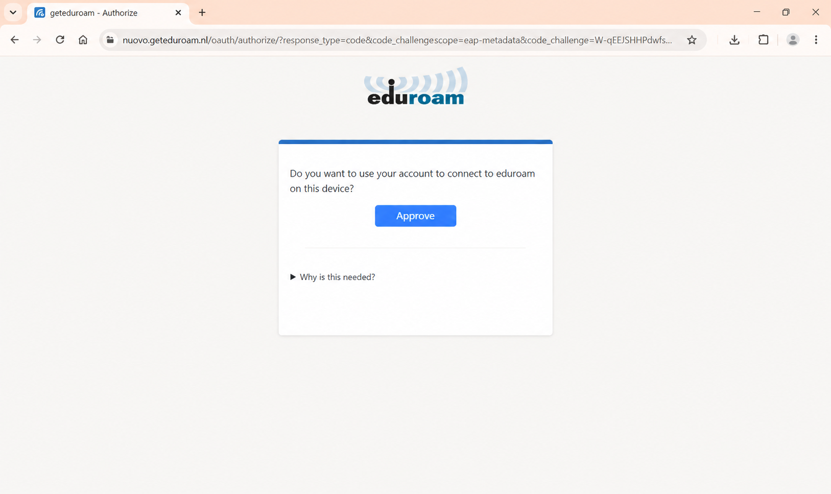 Geteduroam-webpagina met een blauwe Approve-knop