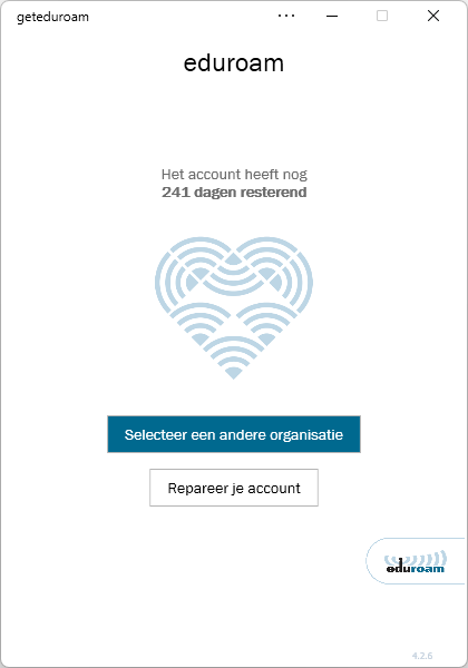 Geteduroam-app met onderaan de knop Repareer je account