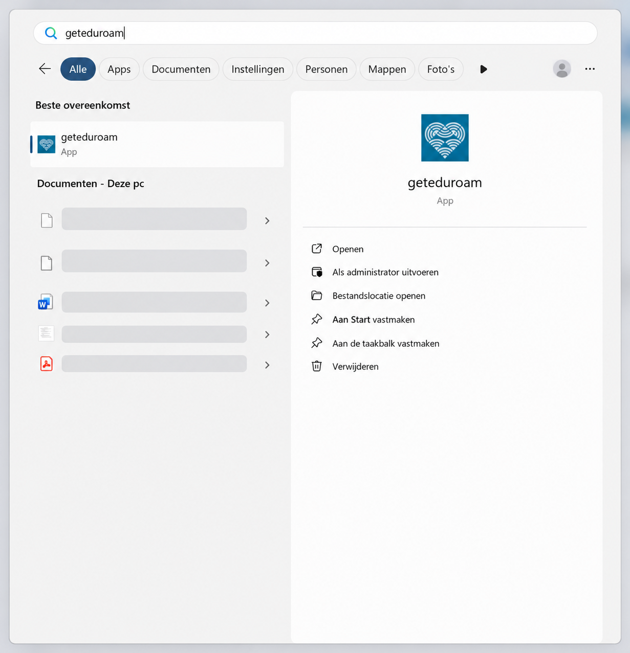 Zoeken naar de app geteduroam via het Windows-startmenu