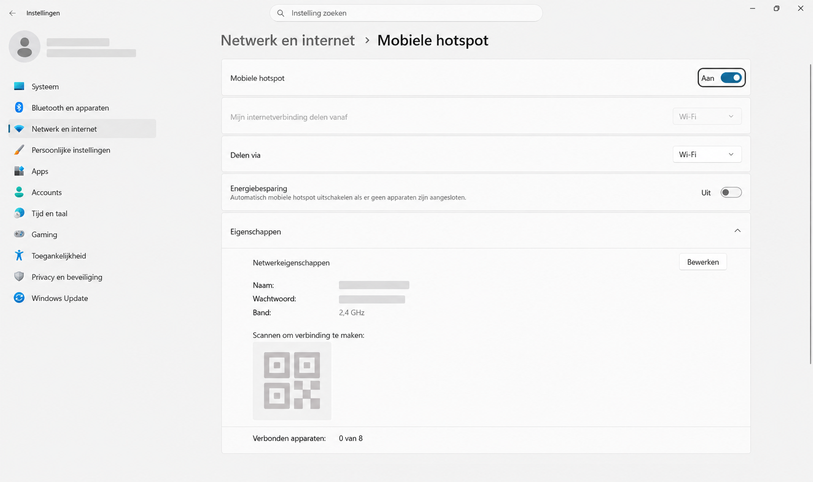 Windows-instellingen met de schakelaar Mobiele hotspot op Aan